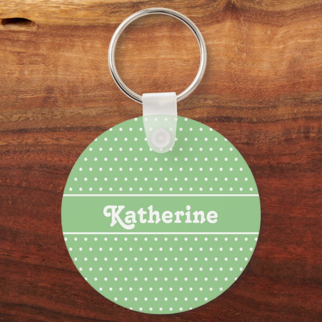 Simple Custom Name Light Green Polka Dot Key Ring (Back)