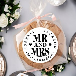 Simple Custom Name Mr Mrs Wedding Heart Favour Classic Round Sticker
