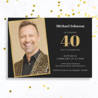 Simple Custom Photo Black Gold 40th Birthday Party