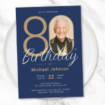 Simple Custom Photo Gold Navy Blue 80th Birthday Invitation<br><div class="desc">Simple Custom Photo Gold Navy Blue 80th Birthday Invitation. Elevate your milestone celebration with an invitation design that epitomises understated elegance and chic minimalism. Our navy blue and gold theme exudes sophistication, creating a refined atmosphere for your special day. The custom photo feature adds a personalised touch, ensuring that each...</div>