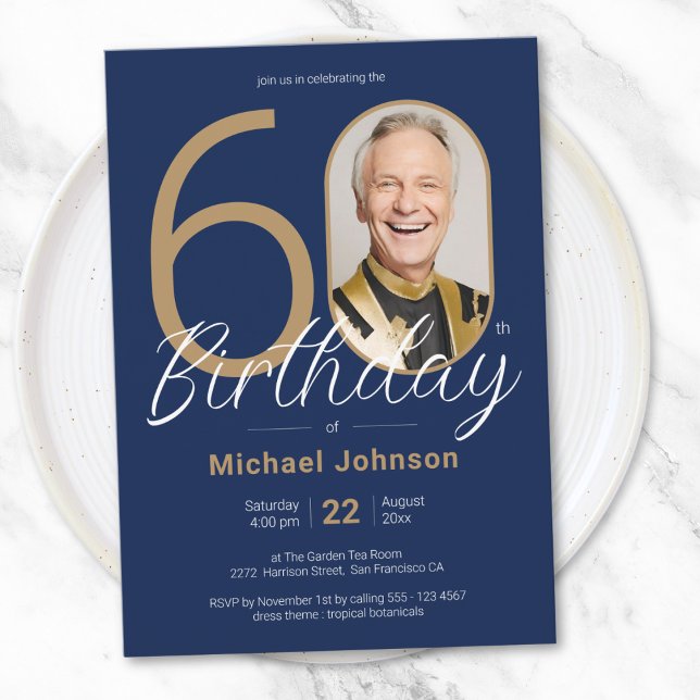 Simple Custom Photo Navy Blue 60th Birthday Invitation (Simple Custom Photo Navy Blue 60th Birthday Invitation)
