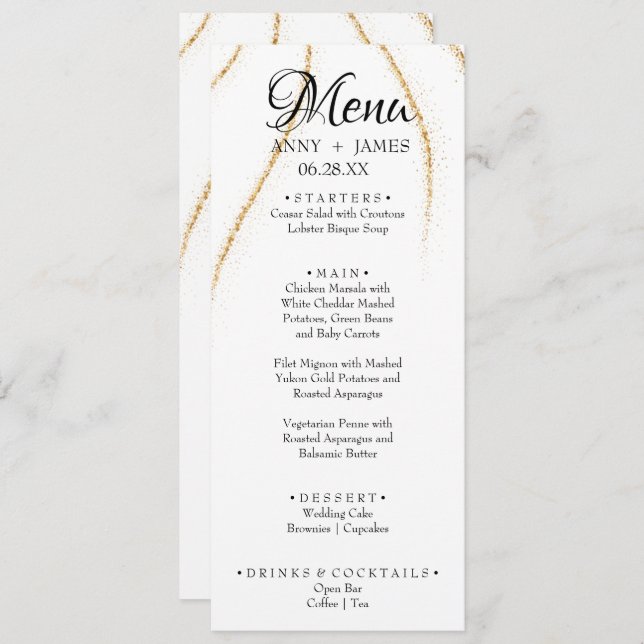 Simple Custom Text Gold Glitter Wedding Dinner  Me Menu (Front/Back)
