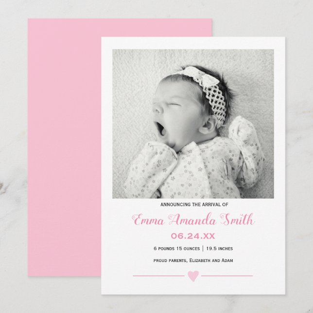 Simple cute  baby girl Birth announcement (Front/Back)