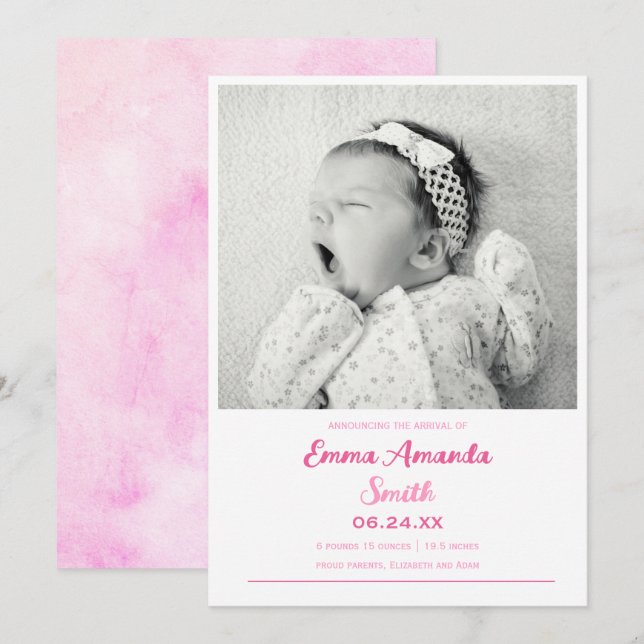 Simple cute baby girl Birth announcement (Front/Back)