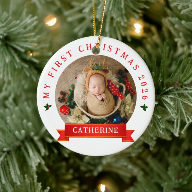 Simple Cute Baby's First Christmas Custom Name Ceramic Ornament (Tree)