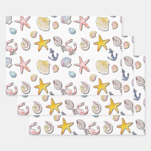 Simple Cute Beach Design  Wrapping Paper Sheet (Set)