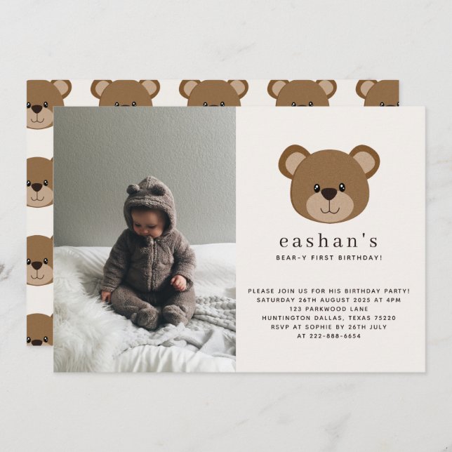 Simple Cute Bearly One Photo 1st Birthday Invitation (Front/Back)