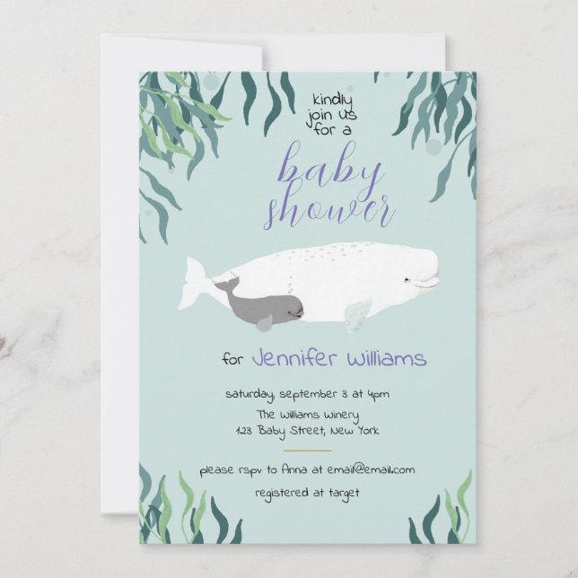 Simple Cute Beluga Whale Light Blue Baby Shower Invitation (Front)