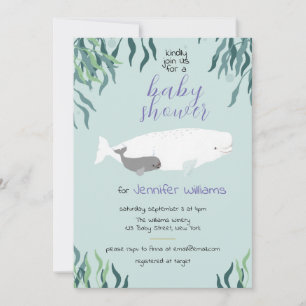 Simple Cute Beluga Whale Light Blue Baby Shower Invitation