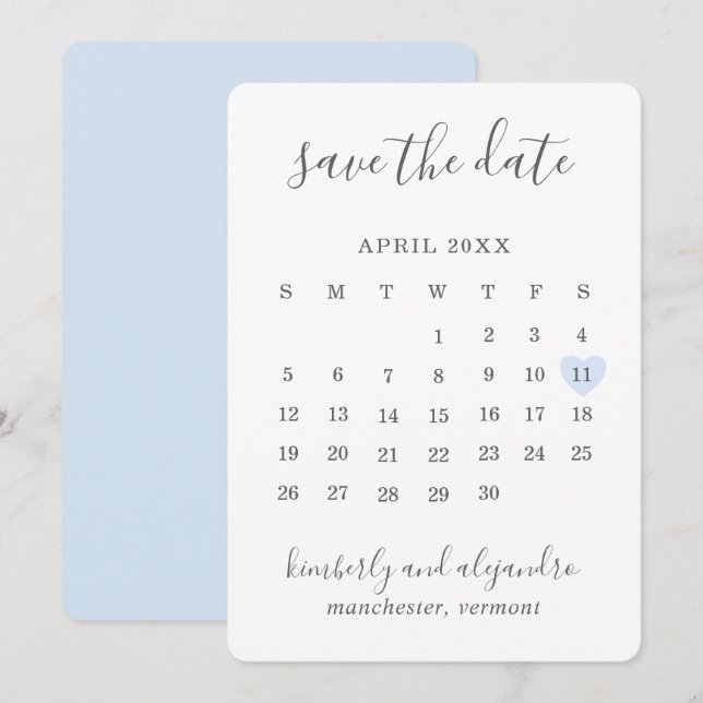Simple Cute Blue Heart Calender Wedding Save The Date (Front/Back)