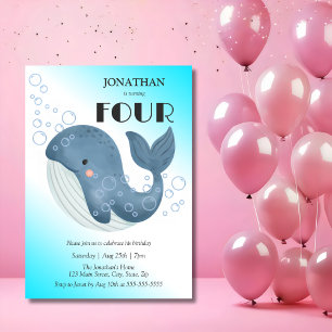 Simple Cute Blue Whale Bubble Birthday Invitation