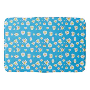 Simple Cute Blue with White Daisy Floral Pattern Bath Mat