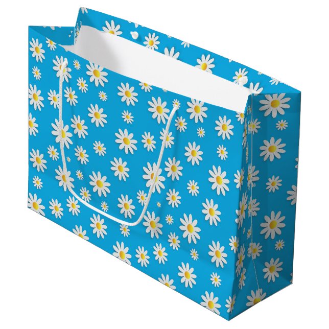 Simple Cute Blue with White Daisy Floral Pattern Large Gift Bag (Front Angled)