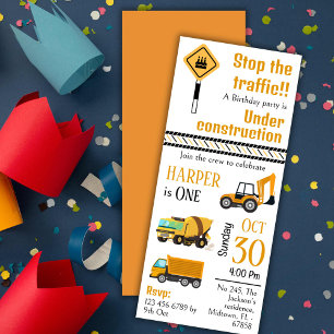 Simple cute construction truck kids 1st birthday invitation