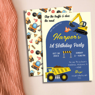 Simple cute construction truck kids 1st birthday invitation