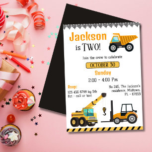 Simple cute construction truck kids 2nd birthday invitation
