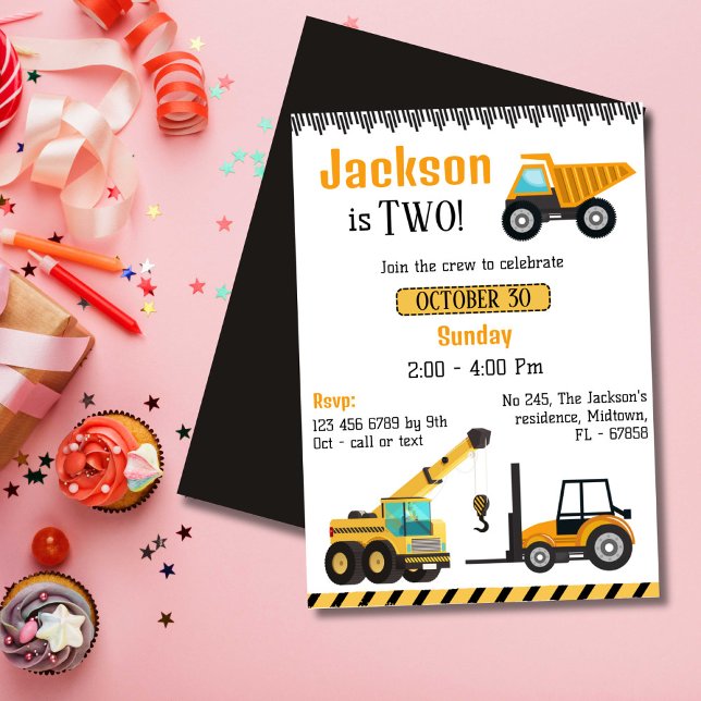 Simple cute construction truck kids 2nd birthday  invitation (Creator Uploaded)