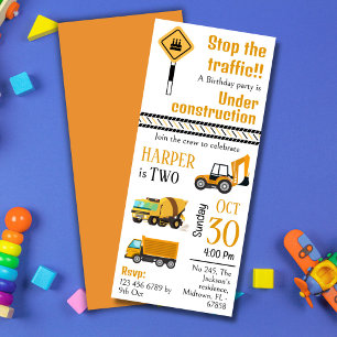 Simple cute construction truck kids 2nd birthday invitation