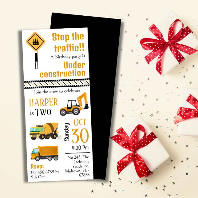 Simple  cute construction truck kids 2nd birthday invitation (Creator Uploaded)