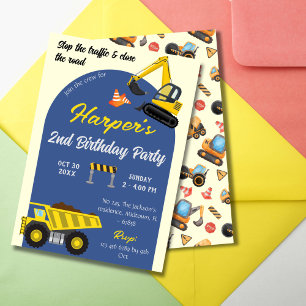 Simple cute construction truck kids 2nd birthday invitation