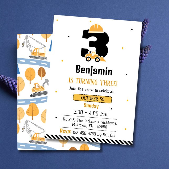 Simple cute construction truck kids 3rd birthday  invitation (Creator Uploaded)