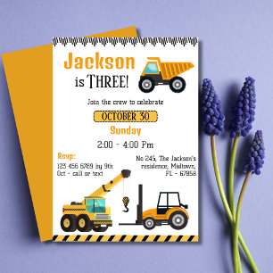 Simple cute construction truck kids 3rd birthday  invitation