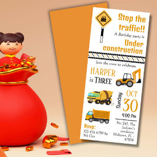 Simple cute construction truck kids 3rd birthday invitation