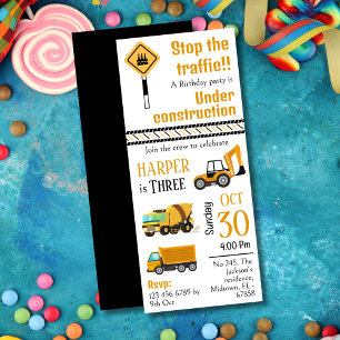 Simple  cute construction truck kids 3rd birthday invitation