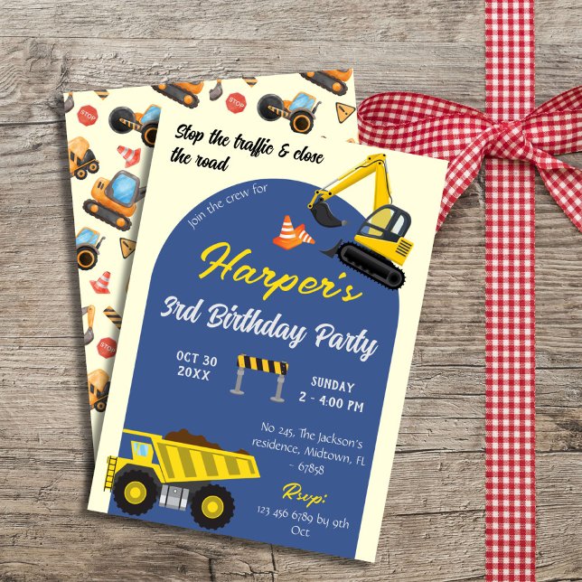 Simple cute construction truck kids 3rd birthday  invitation (Creator Uploaded)