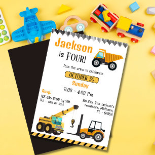 Simple cute construction truck kids 4th birthday invitation