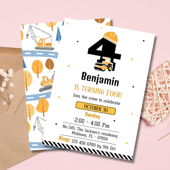 Simple cute construction truck kids 4th birthday  invitation (Creator Uploaded)