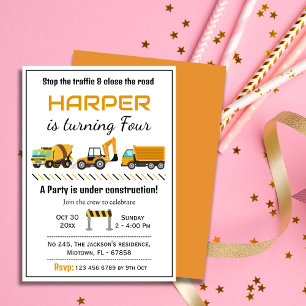 Simple cute construction truck kids 4th birthday invitation