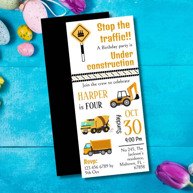 Simple  cute construction truck kids 4th birthday invitation (Creator Uploaded)