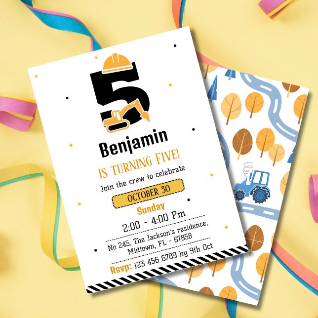 Simple cute construction truck kids 5th birthday  invitation (Creator Uploaded)