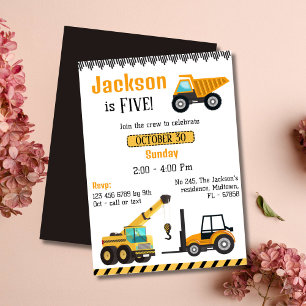 Simple cute construction truck kids 5th birthday invitation