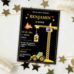Simple cute construction truck kids 5th birthday  invitation