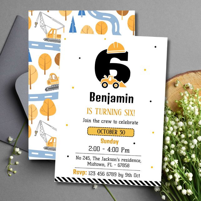 Simple cute construction truck kids 6th birthday  invitation (Creator Uploaded)