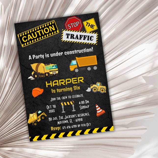 Simple cute construction truck kids 6th birthday invitation (Creator Uploaded)