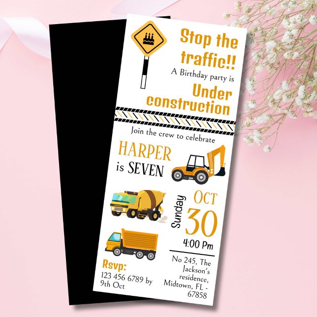 Simple  cute construction truck kids 7th birthday invitation (Creator Uploaded)