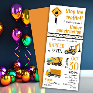 Simple cute construction truck kids 7th birthday invitation