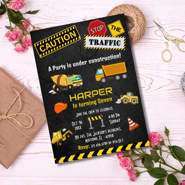 Simple cute construction truck kids 7th birthday invitation (Creator Uploaded)