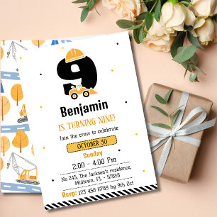 Simple cute construction truck kids 9th birthday  invitation