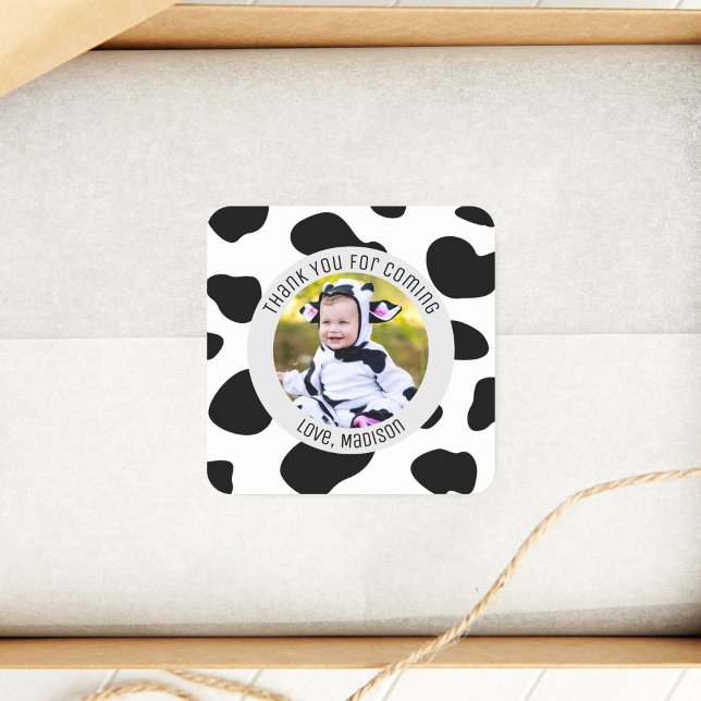 Simple Cute Cow Print Photo Thank You For Coming Square Sticker (Creator Uploaded)