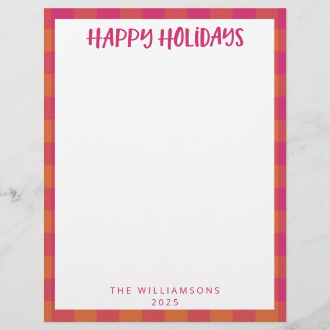 Simple Cute Custom Pink Plaid Holiday Stationery  Letterhead (Front)