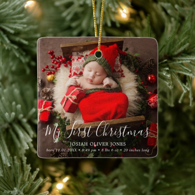 Simple Cute Elegant Baby Photo My First Christmas Ceramic Ornament (Tree)