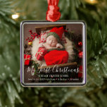 Simple Cute Elegant Baby Photo My First Christmas Metal Ornament<br><div class="desc">Cute holiday birth announcement ornament featuring a simple design with "My First Christmas" in an elegant script along with baby's name and birth stats over your favourite newborn photo.  This modern holiday birth announcement ornament makes a great Christmas gift for all of your loved ones.</div>