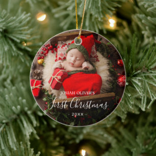 Simple Cute Elegant Photo Baby's First Christmas Ceramic Ornament