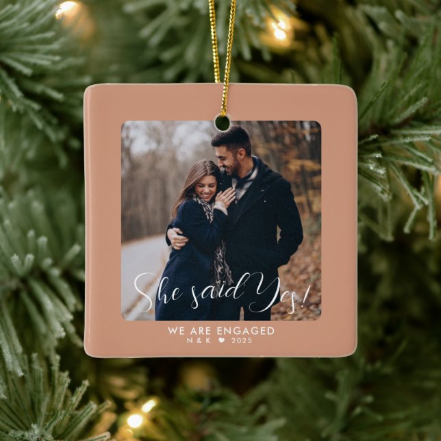 Simple cute First Christmas Engaged Custom Photo Ceramic Ornament (Tree)