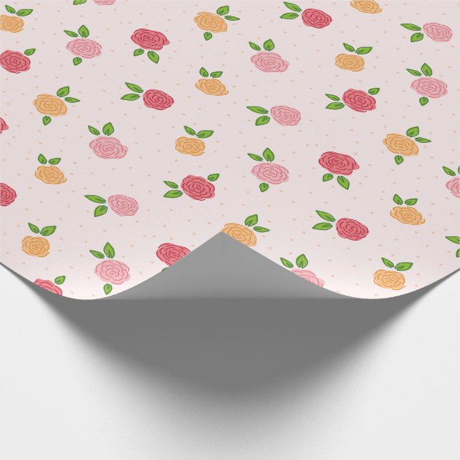 Simple Cute Floral Pink Gold Rose Pattern Ditsy Wrapping Paper (Corner)