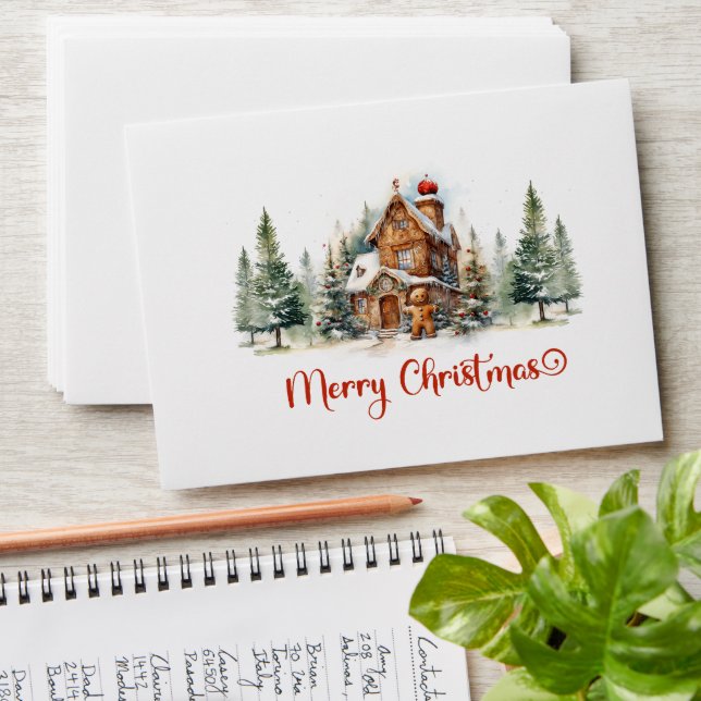 Simple cute gingerbread house in sage green red envelope (Stacked)